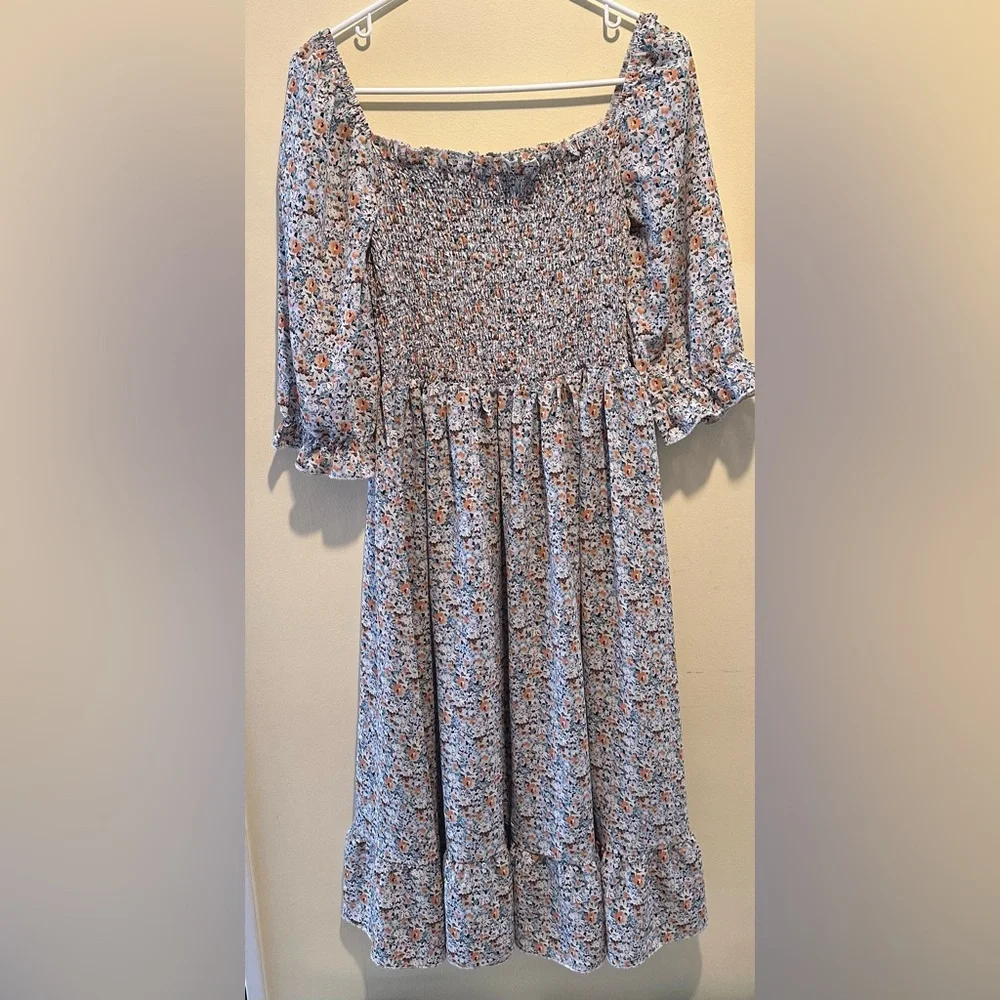 YOVITEME size XL Floral, Smocked, off the shoulder Midi Dress in Blue and Orange
